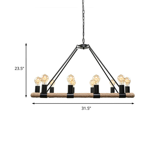 10 Bulbs Chandelier Lighting - Loft Style Rectangular Frame Pendant With Black Metal & Rope Detail