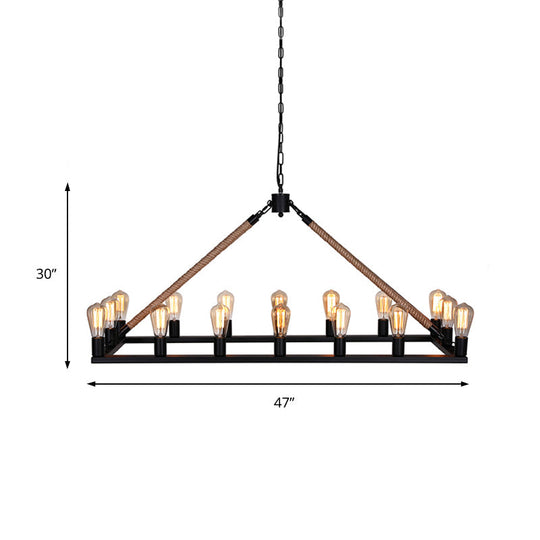 10 Bulbs Chandelier Lighting - Loft Style Rectangular Frame Pendant With Black Metal & Rope Detail