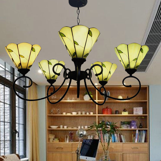 Leaf Chandelier Pendant Light with Stained Glass, 5 Lights, Loft Style in Beige