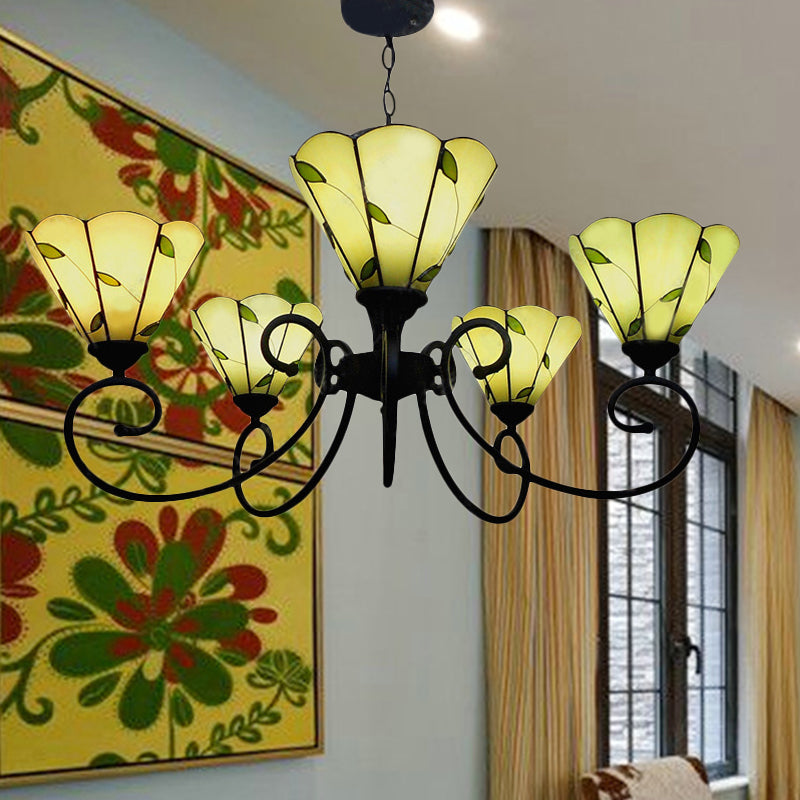 Leaf Chandelier Pendant Light with Stained Glass, 5 Lights, Loft Style in Beige