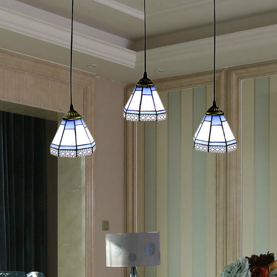 Tiffany-Style Stained Glass Swag Lamp With 3 Blue And White Cluster Pendant Lights Blue-White /