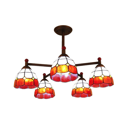 Rustic Stained Glass Semi-Flush Ceiling Light with 5 Blue/Red/Yellow Lights for Living Room