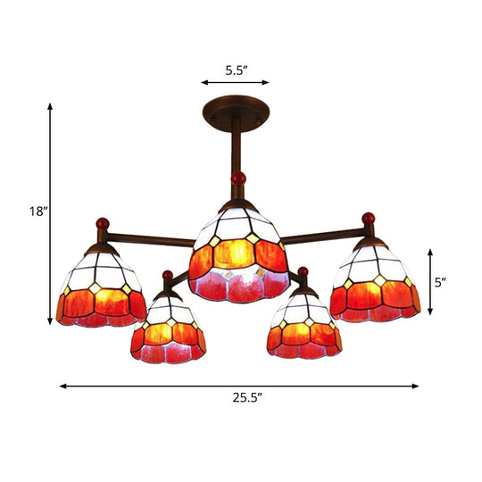 Rustic Stained Glass Semi-Flush Ceiling Light with 5 Blue/Red/Yellow Lights for Living Room