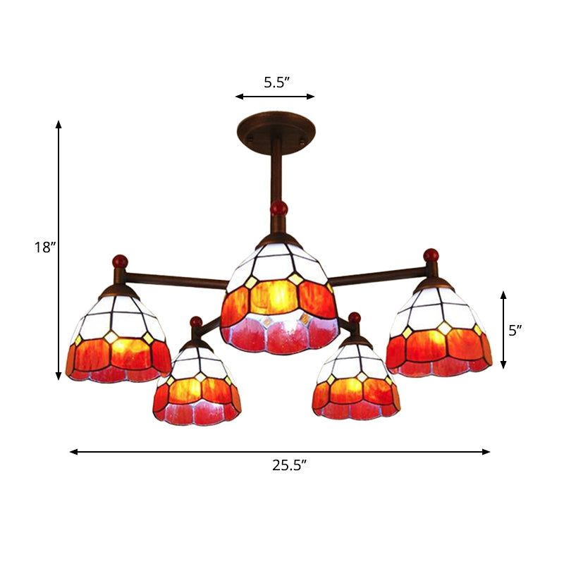 Rustic Stained Glass Bowl-Shaped Semi Flush Light Fixture - 5 Lights Blue/Red/Yellow Perfect For