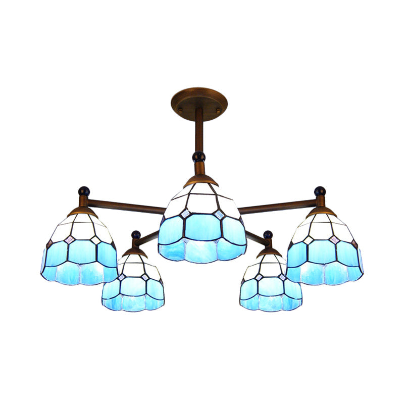 Rustic Stained Glass Semi-Flush Ceiling Light with 5 Blue/Red/Yellow Lights for Living Room