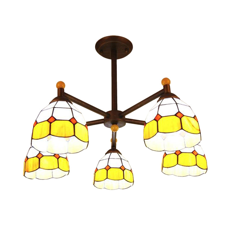 Rustic Stained Glass Semi-Flush Ceiling Light with 5 Blue/Red/Yellow Lights for Living Room