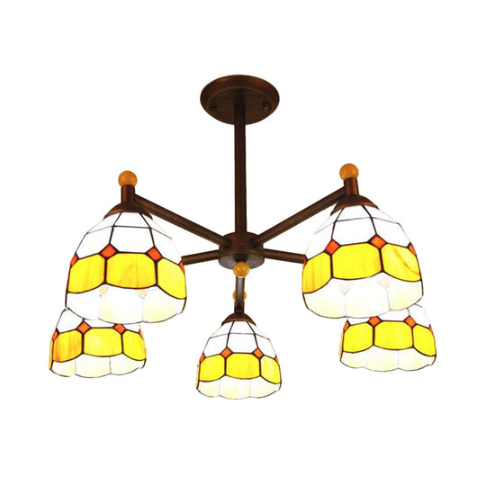 Rustic Stained Glass Bowl-Shaped Semi Flush Light Fixture - 5 Lights Blue/Red/Yellow Perfect For