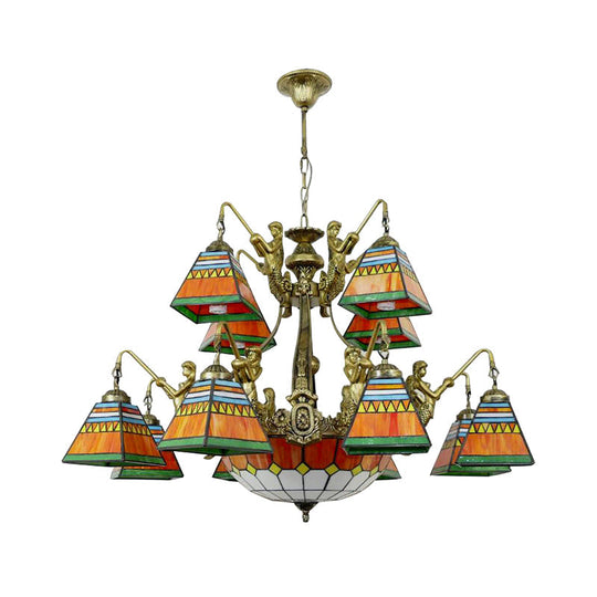 Tiffany-Style Orange/Blue Stained Glass Pyramid Chandelier: 15-Light Ceiling Lamp