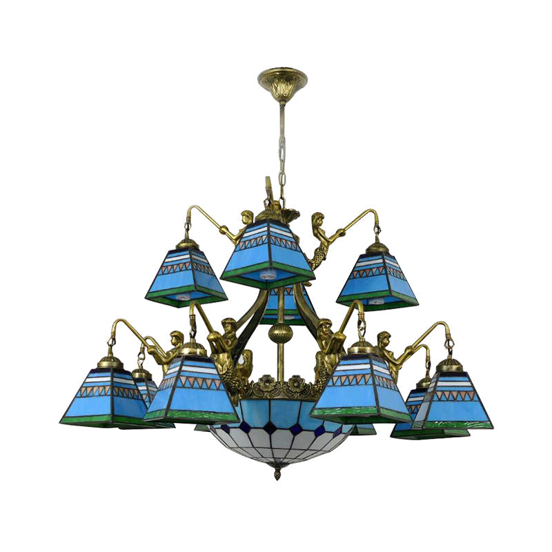 Tiffany-Style Orange/Blue Stained Glass Pyramid Chandelier: 15-Light Ceiling Lamp