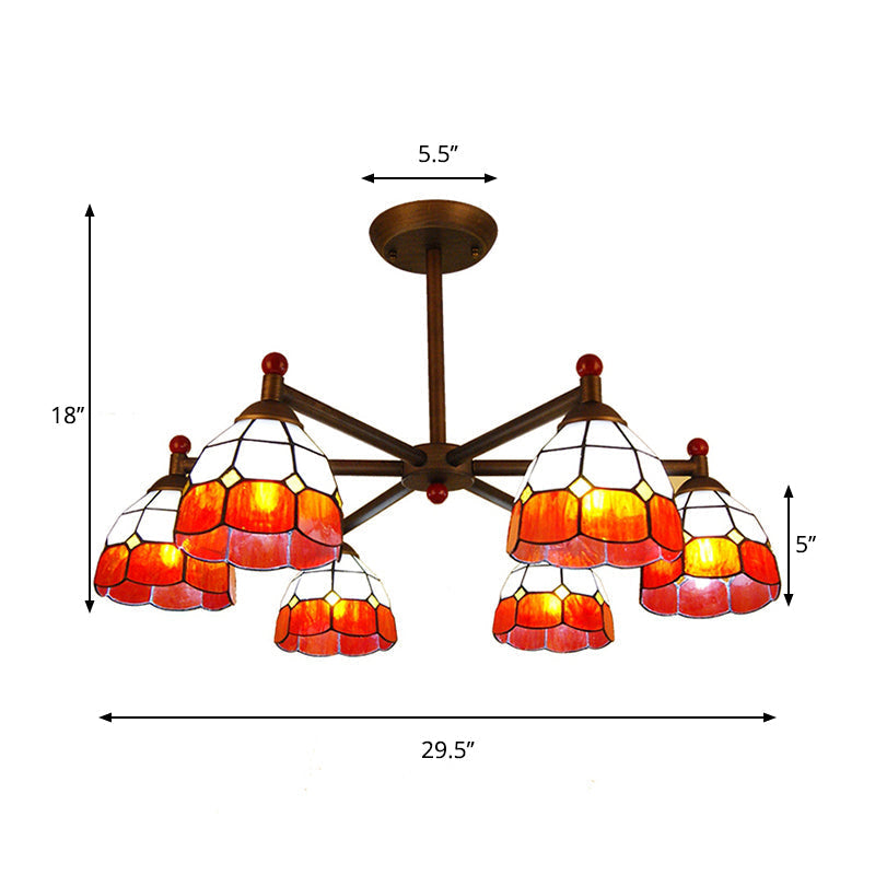 Rustic Style Stained Glass Chandelier With 6 Domed Hanging Lights - Yellow/Red/Blue Ideal For Dining