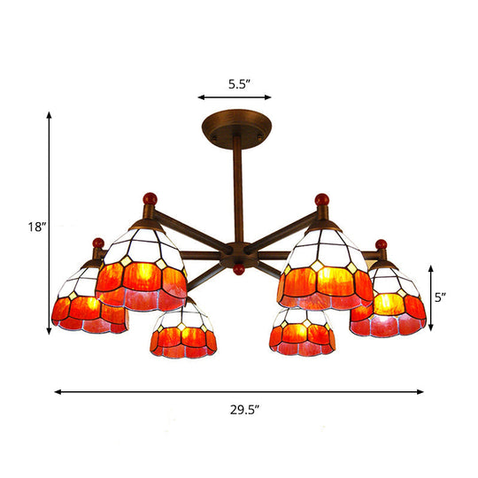 Rustic Style Stained Glass Chandelier With 6 Domed Hanging Lights - Yellow/Red/Blue Ideal For Dining