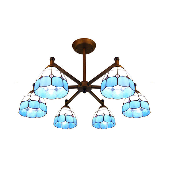 Rustic Style Stained Glass Chandelier With 6 Domed Hanging Lights - Yellow/Red/Blue Ideal For Dining