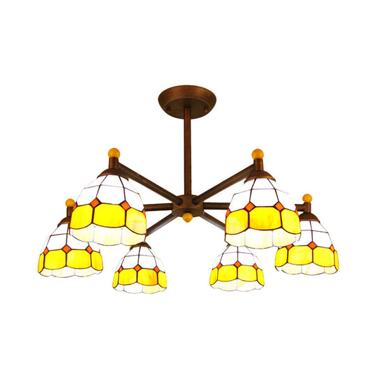 Rustic Style Stained Glass Domed Hanging Chandelier - 6-Light Yellow/Red/Blue Pendant Light for Dining Room