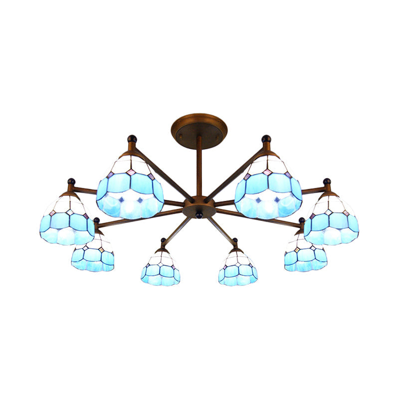 Rustic Stained Glass Dome Hanging Pendant Chandelier Light - 8 Lights - Red/Blue/Yellow – Bedroom Lighting