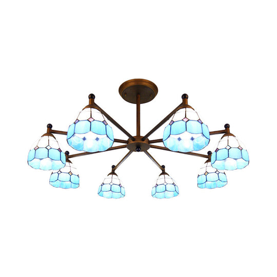 Rustic Stained Glass Dome Hanging Pendant Chandelier Light - 8 Lights - Red/Blue/Yellow – Bedroom Lighting