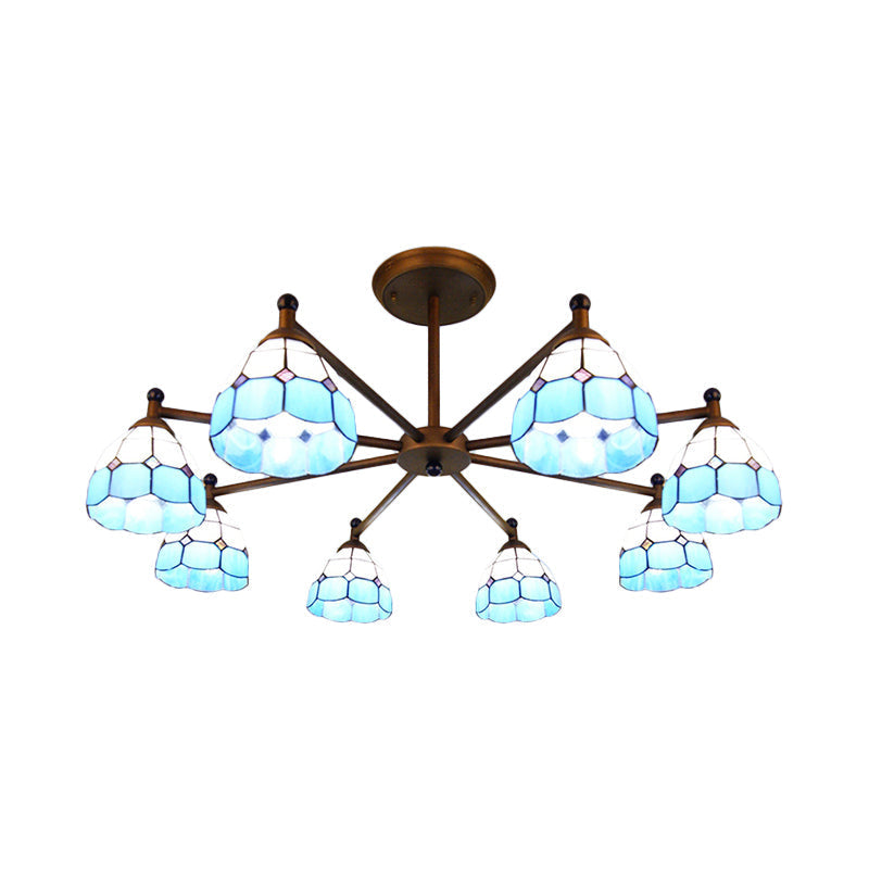 Rustic Stained Glass Dome Pendant Chandelier With 8 Lights For Bedroom Lighting - Red/Blue/Yellow