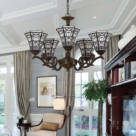 Lodge Style Bell Pendant Lighting - White And Black Glass Chandelier With 5 Lights Chain