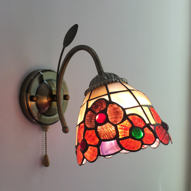 Stained Glass Orange Flower Wall Light With Pull Chain For Hallway - Country Style Lighting Fixture