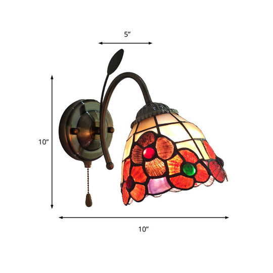 Stained Glass Orange Flower Wall Light With Pull Chain For Hallway - Country Style Lighting Fixture