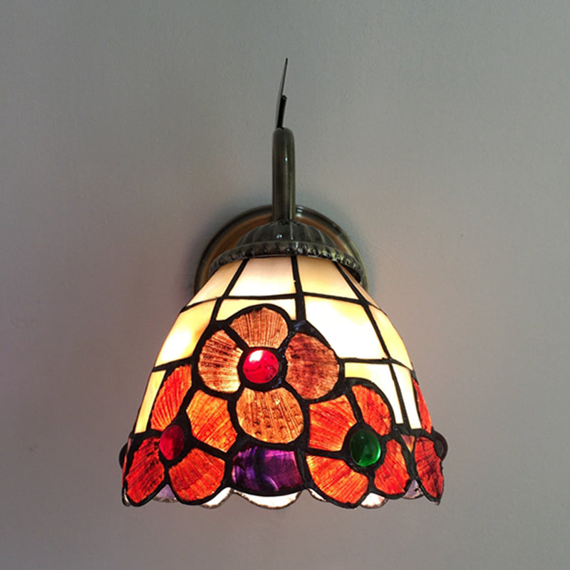 Stained Glass Orange Flower Wall Light With Pull Chain For Hallway - Country Style Lighting Fixture