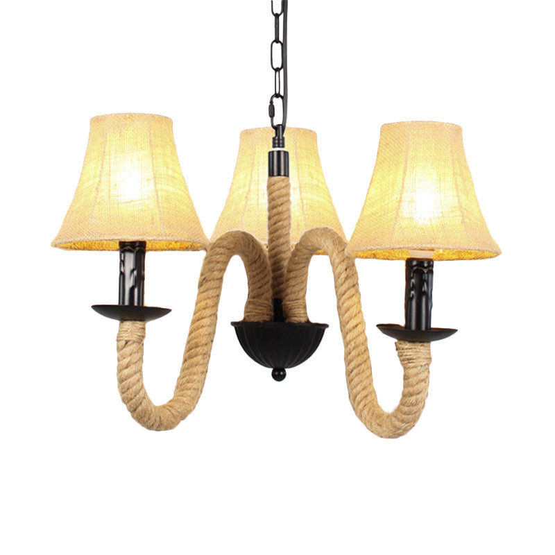 Vintage Style Beige Fabric Shade Chandelier Light Fixture with Rope Detail - Bell/Cone Hanging Lamp (3 Lights)