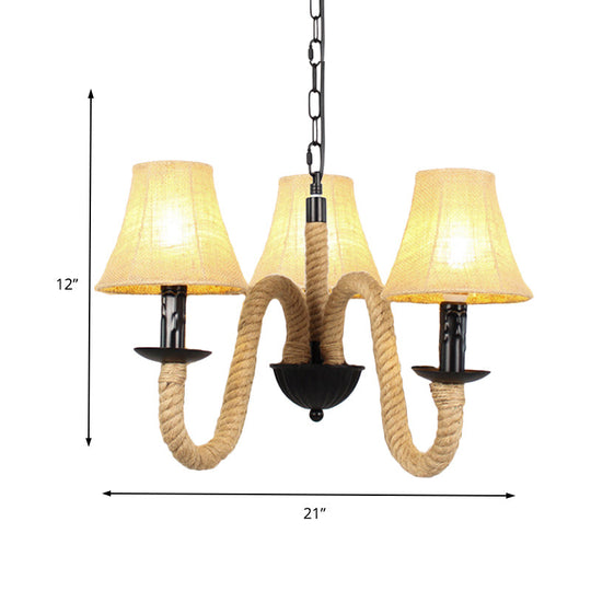 Vintage Style Beige Fabric Shade Chandelier Light Fixture with Rope Detail - Bell/Cone Hanging Lamp (3 Lights)