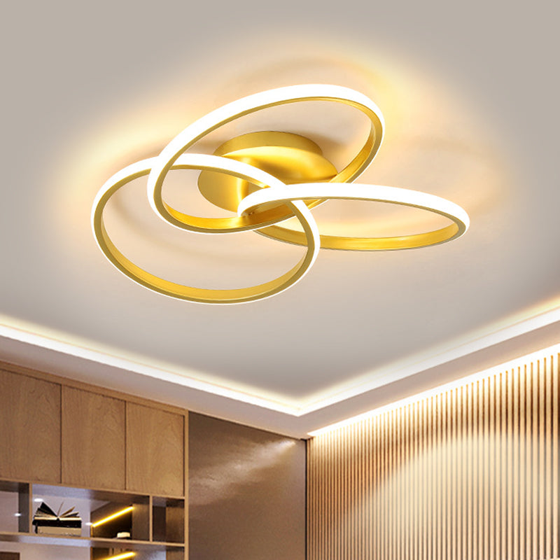 Modern Black/Gold LED Flush Ceiling Light with Metallic Interlocking Rings in Warm/White Light, 16.5"/20.5" Width