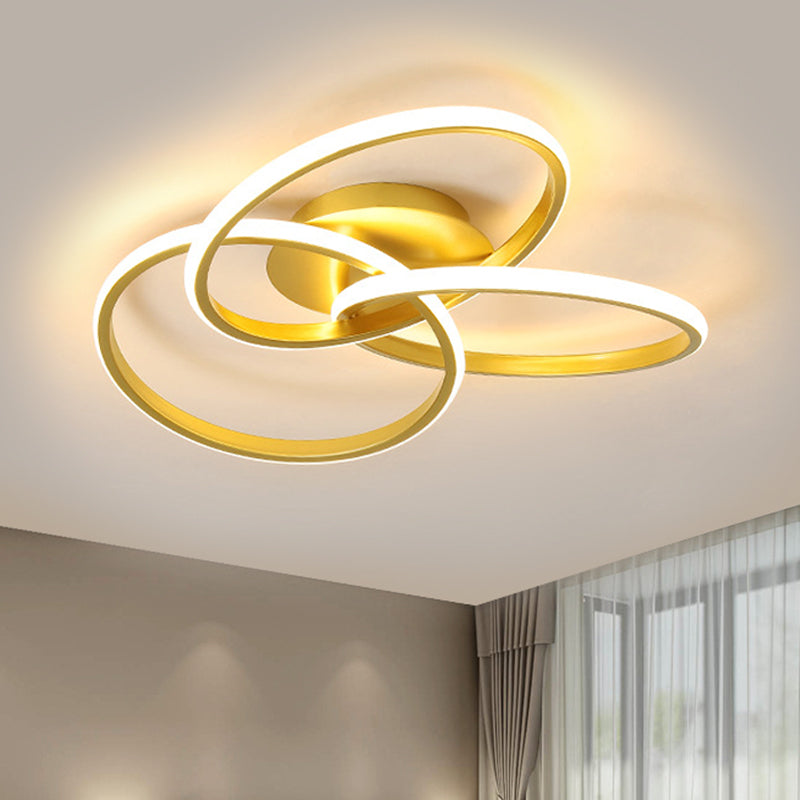 Modern Black/Gold LED Flush Ceiling Light with Metallic Interlocking Rings in Warm/White Light, 16.5"/20.5" Width