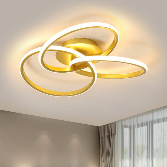 Modern Black/Gold LED Flush Ceiling Light with Metallic Interlocking Rings in Warm/White Light, 16.5"/20.5" Width