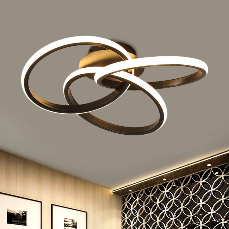 Modern Black/Gold LED Flush Ceiling Light with Metallic Interlocking Rings in Warm/White Light, 16.5"/20.5" Width