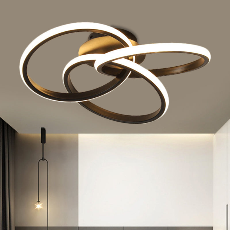 Modern Black/Gold LED Flush Ceiling Light with Metallic Interlocking Rings in Warm/White Light, 16.5"/20.5" Width