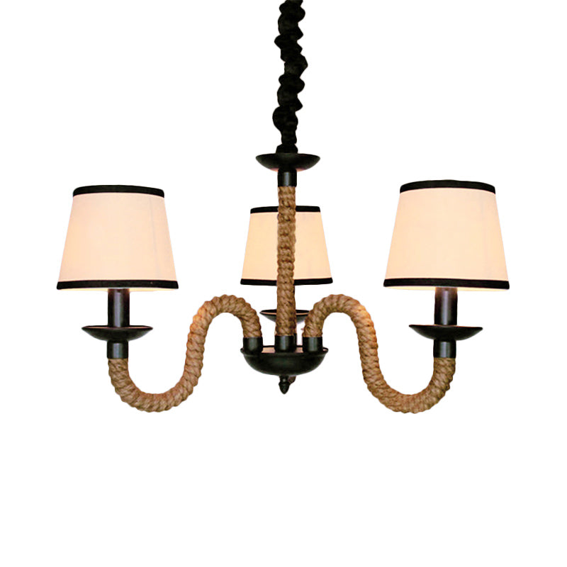 Vintage Style Hanging Chandelier With 3 Bell/Cone Lights Beige Fabric Shade & Rope Detail