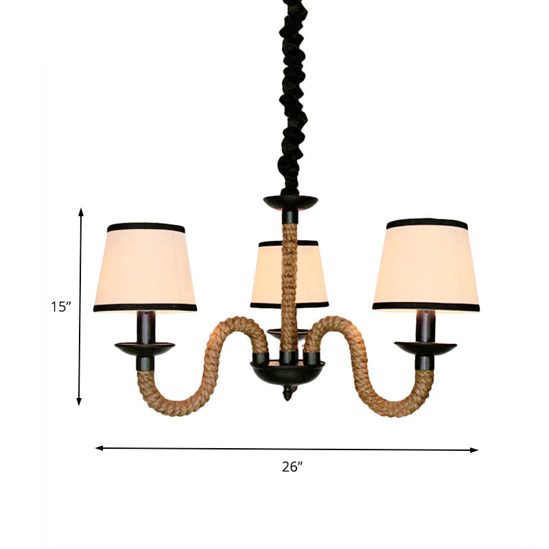 Vintage Style Beige Fabric Shade Chandelier Light Fixture with Rope Detail - Bell/Cone Hanging Lamp (3 Lights)