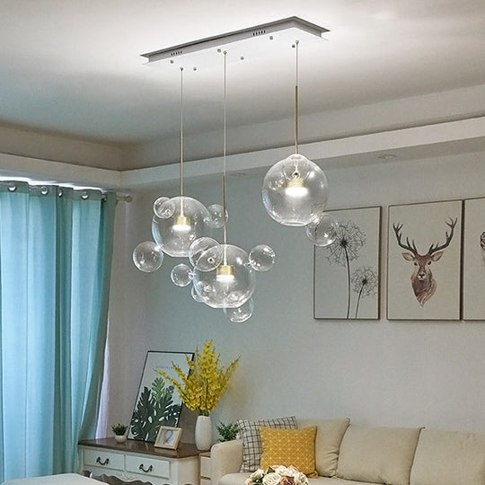 White Modernist Molecule-Shape Multi Pendant - 3 Down Lights, Clear Glass Shade