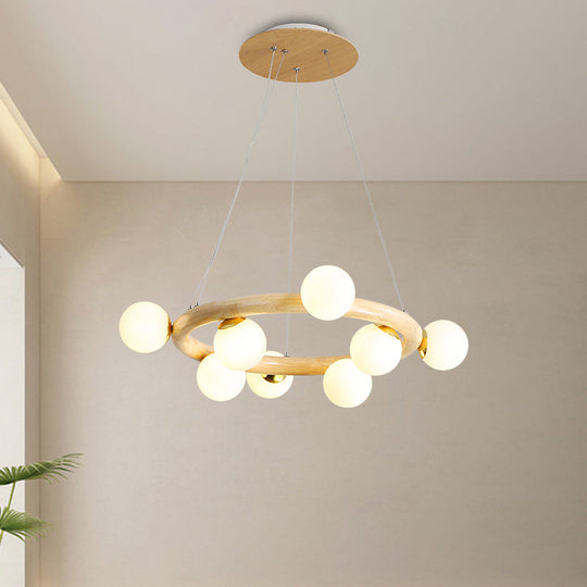 Beige Global Ceiling Lamp: Modern Frosted Glass Pendant Chandelier With Wood Circular Design (8/10