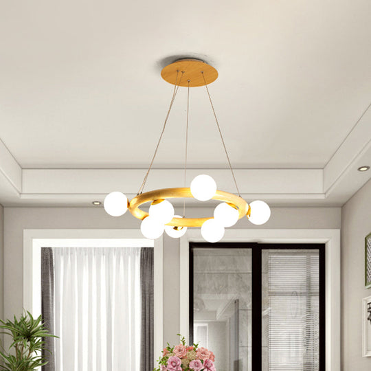 Modern Beige Ceiling Lamp with Frosted Glass Chandelier and Wood Circular Design – 8/10 Bulbs