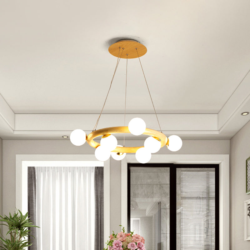 Beige Global Ceiling Lamp: Modern Frosted Glass Pendant Chandelier With Wood Circular Design (8/10