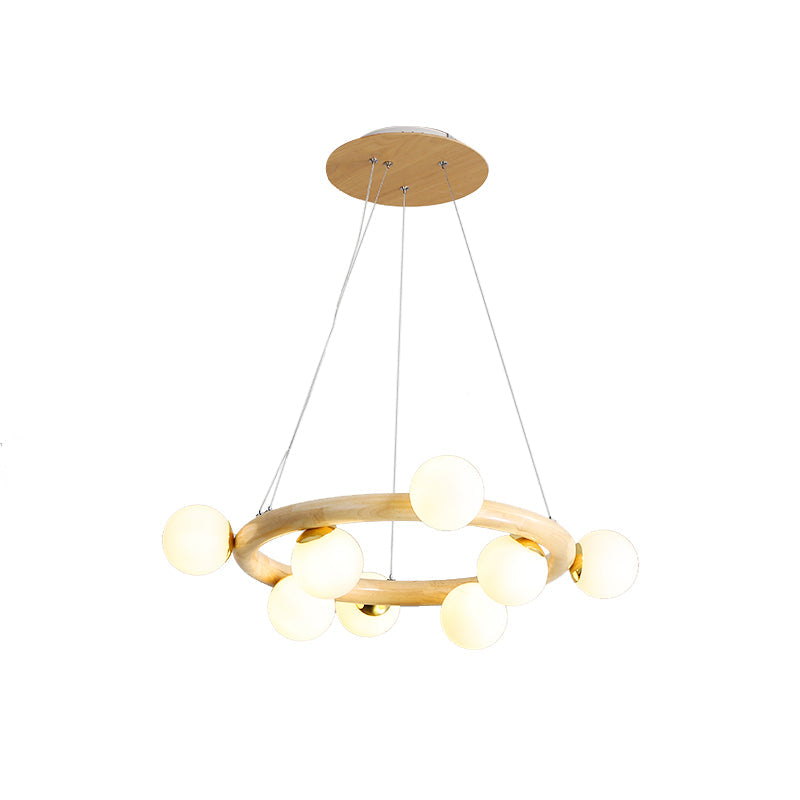 Beige Global Ceiling Lamp: Modern Frosted Glass Pendant Chandelier With Wood Circular Design (8/10