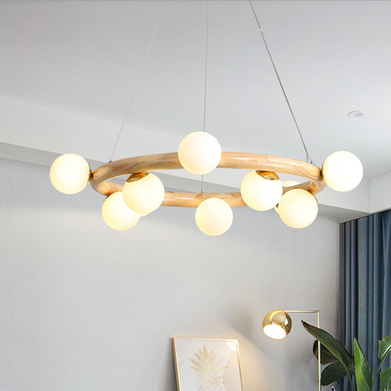 Beige Global Ceiling Lamp: Modern Frosted Glass Pendant Chandelier With Wood Circular Design (8/10