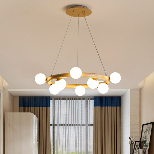 Beige Global Ceiling Lamp: Modern Frosted Glass Pendant Chandelier With Wood Circular Design (8/10