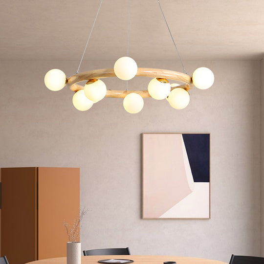 Beige Global Ceiling Lamp: Modern Frosted Glass Pendant Chandelier With Wood Circular Design (8/10