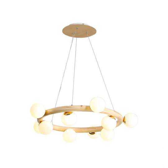 Beige Global Ceiling Lamp: Modern Frosted Glass Pendant Chandelier With Wood Circular Design (8/10