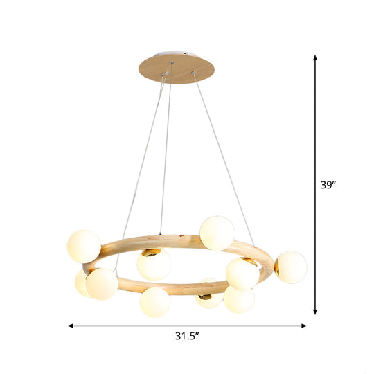 Beige Global Ceiling Lamp: Modern Frosted Glass Pendant Chandelier With Wood Circular Design (8/10