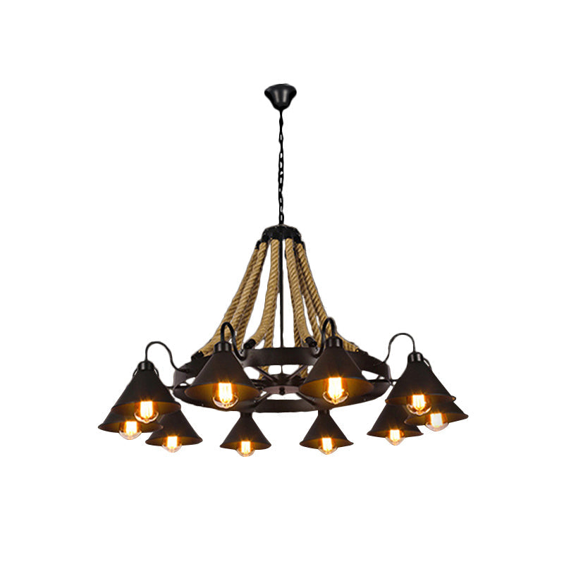 Black Rope Detail Metallic Cone Chandelier: 6/8-Light Farmhouse Restaurant Pendant Lighting