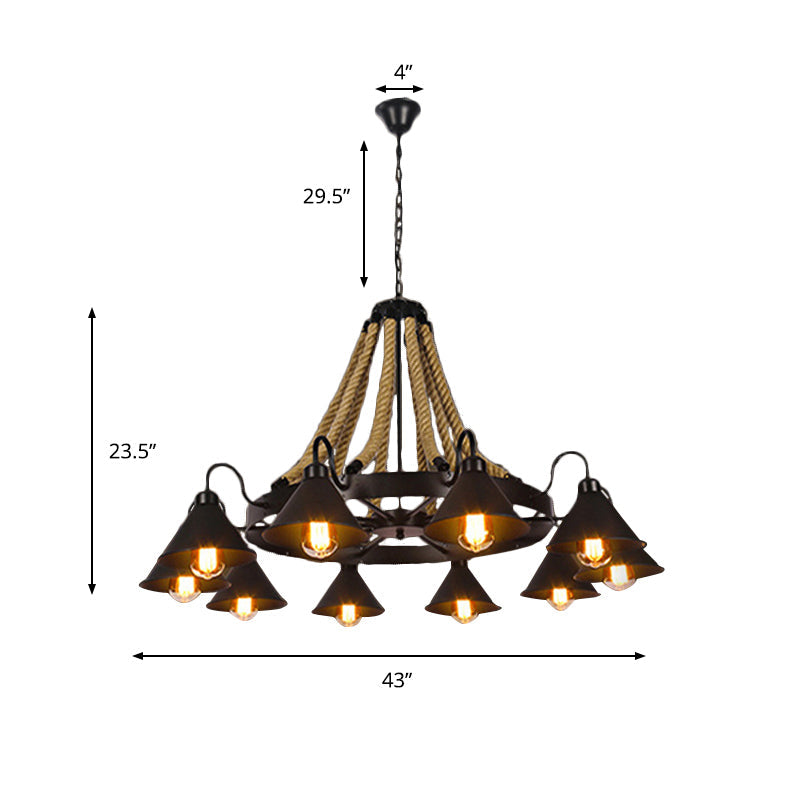 Farmhouse Metallic Cone Chandelier Lamp - 6/8 Lights Pendant Lighting with Rope Detail, Black