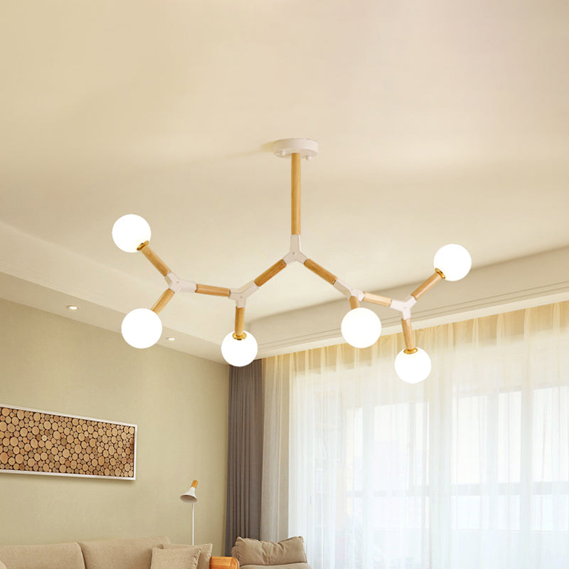 Simple Wood Branch Chandelier - 6-Light Beige Hanging Lamp With Frosted Glass Shades