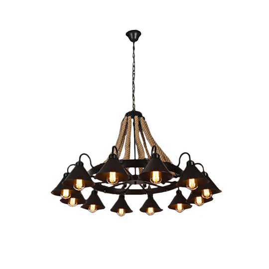 Farmhouse Metallic Cone Chandelier Lamp - 6/8 Lights Pendant Lighting with Rope Detail, Black