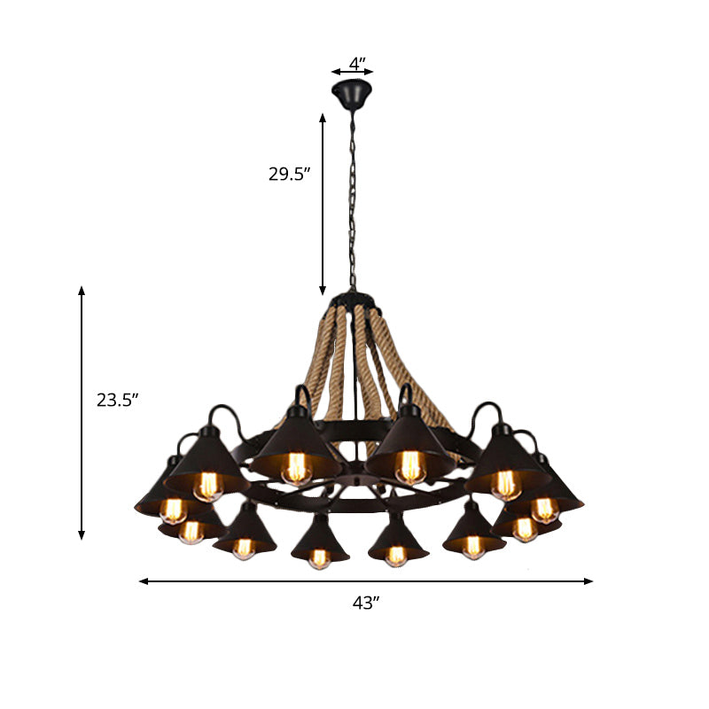 Farmhouse Metallic Cone Chandelier Lamp - 6/8 Lights Pendant Lighting with Rope Detail, Black