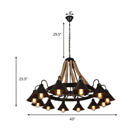 Farmhouse Metallic Cone Chandelier Lamp - 6/8 Lights Pendant Lighting with Rope Detail, Black