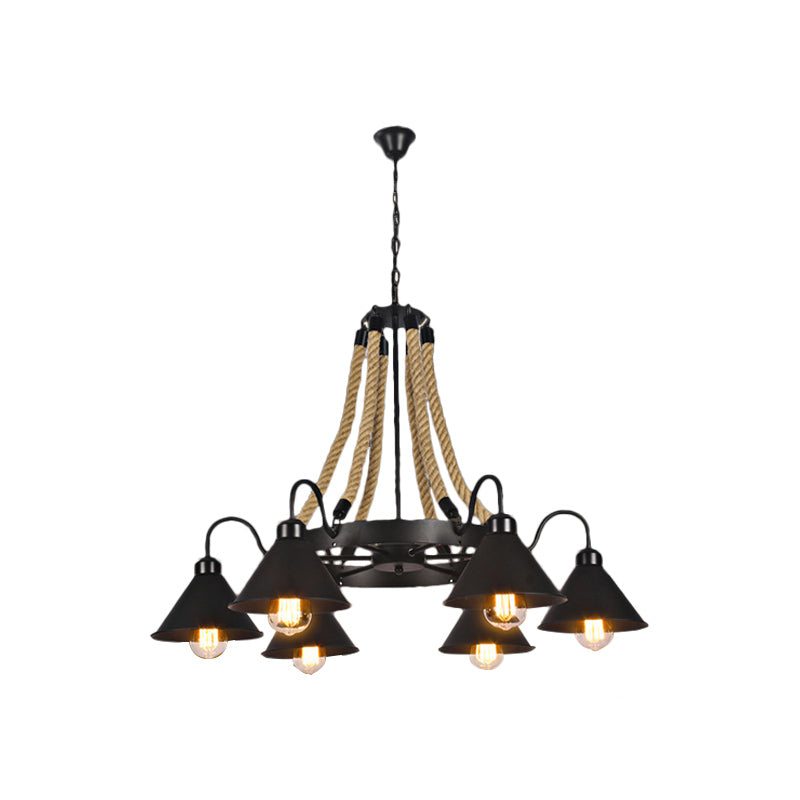 Black Rope Detail Metallic Cone Chandelier: 6/8-Light Farmhouse Restaurant Pendant Lighting